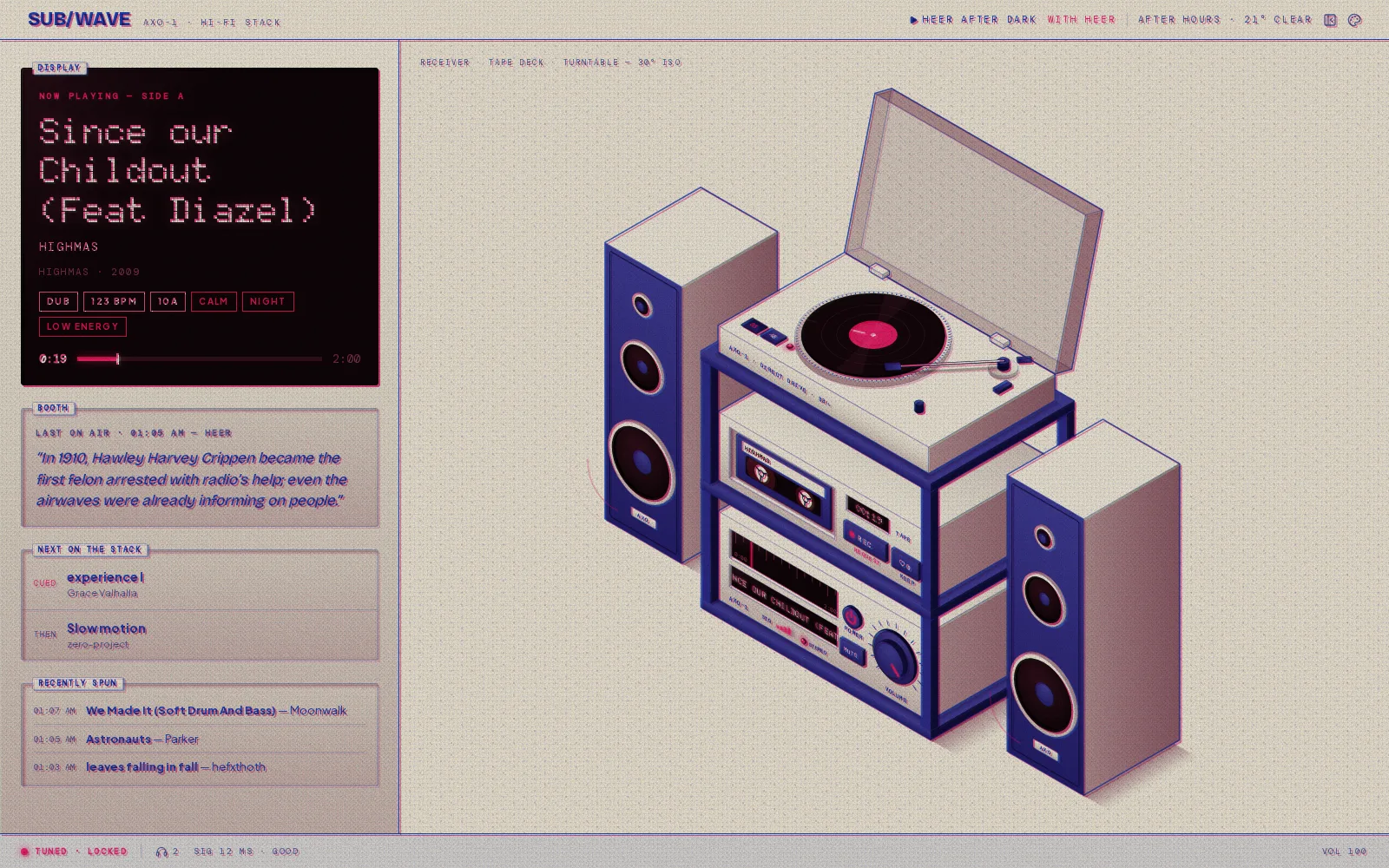 The AXO-1 skin in Riso: an isometric hi-fi stack of turntable, tape deck and receiver between two blue speakers on halftone cream stock, with a pink ghost printing just off every dark line, and the now-playing card on a black display down the left