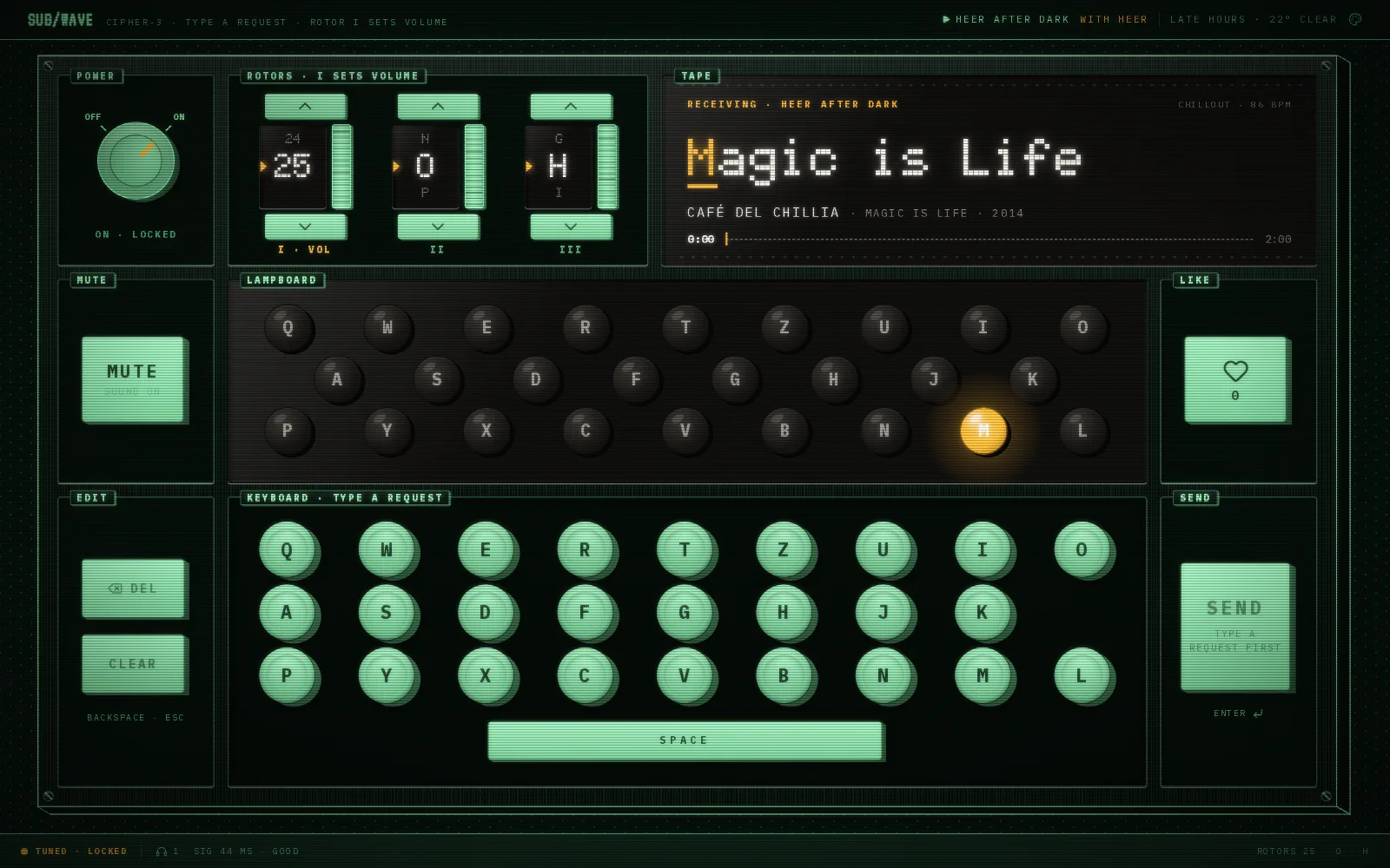 The Cipher-3 skin in Phosphor: a cipher machine on black glass, green rotor wheels and keys, the track title in a pixel face with an amber first letter, and one lit amber lamp on the lampboard