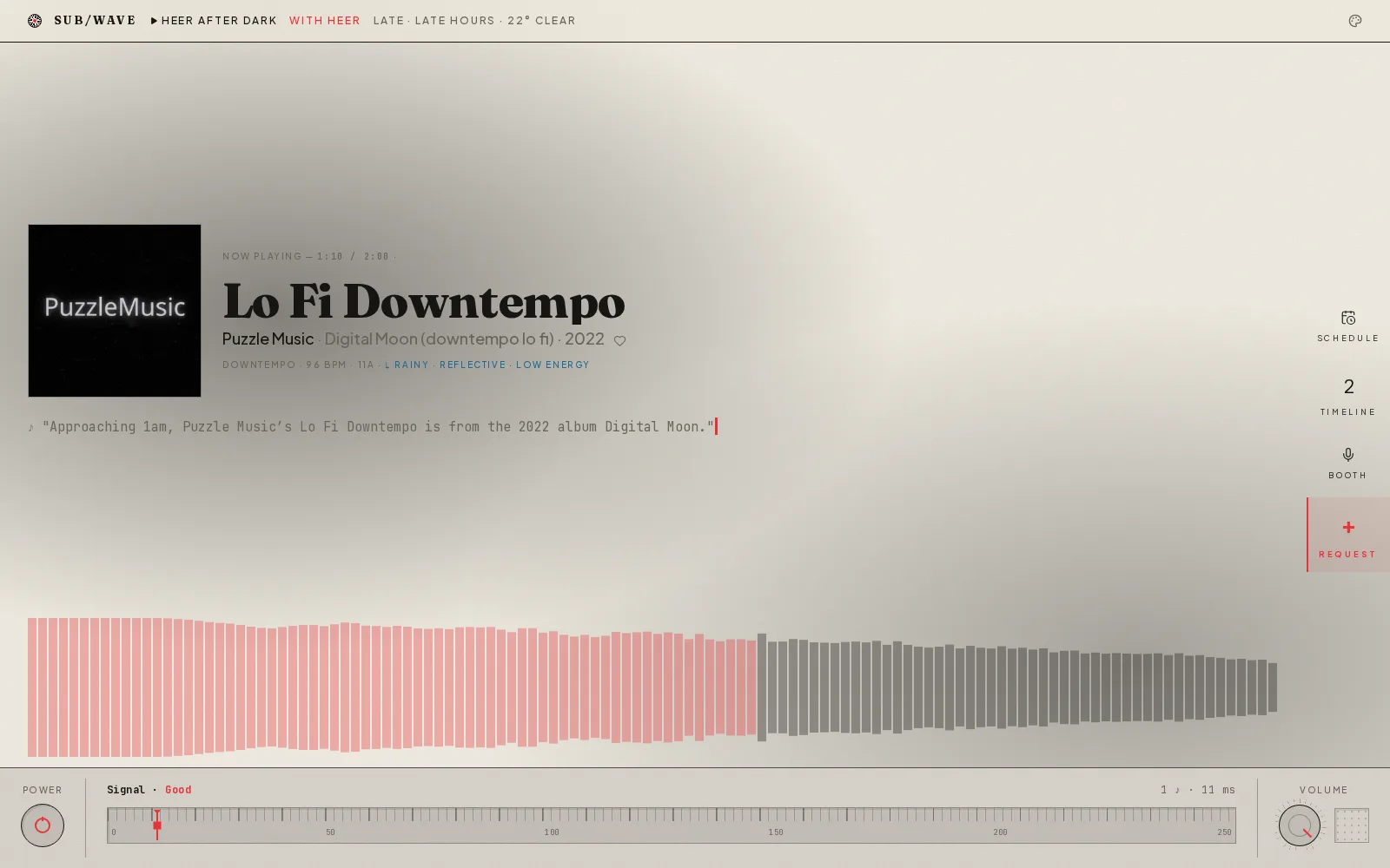The Classic skin in Classic Light: cover art beside the track title in a heavy serif, a line from the booth in a typewriter face, a vermilion waveform across the page, and a tuning strip with power and volume dials along the bottom