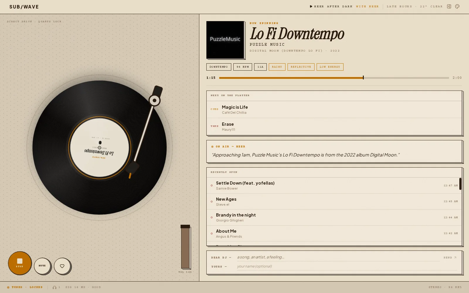 The Platter skin in Vinyl: a black record on a cream deck with the tonearm in the groove, the track title in serif italics, BPM, key and mood tags, a Next on the Platter list, an On Air line from the DJ and the recently spun list down the right
