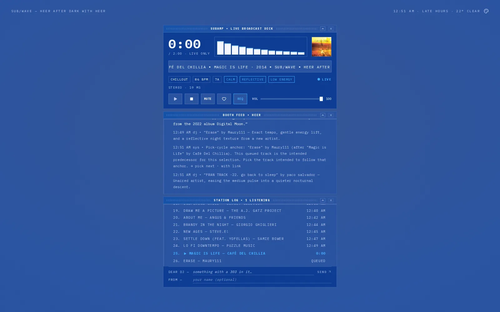 The Subamp skin in Blueprint: three stacked windows on a flat blue field, a broadcast deck with a bar spectrum analyzer and transport buttons, a booth feed of the DJ's notes, and a numbered station log
