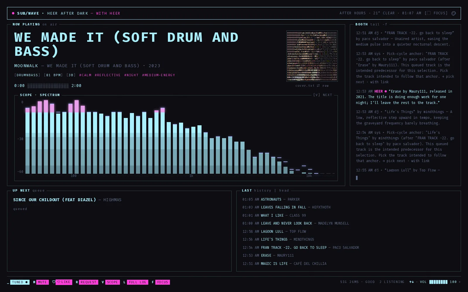 The TTY skin in Cyberpunk: the track title in giant cyan block capitals, an ASCII cover in the corner, a spectrum scope in pink and cyan, the booth tail, the up-next queue and the recent-plays log, with a key bar along the bottom